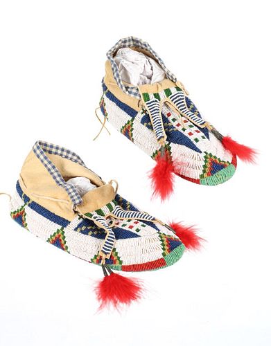 Sioux Fully Beaded Bifurcated Tongue Moccasins