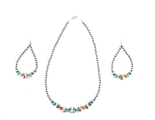 Navajo Silver Pearl Multistone Necklace & Earrings