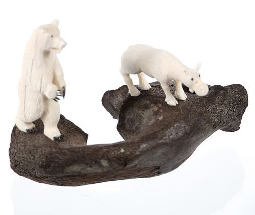 C. 1960-70s Inuit Carved Walrus Tusk & Whale Bone