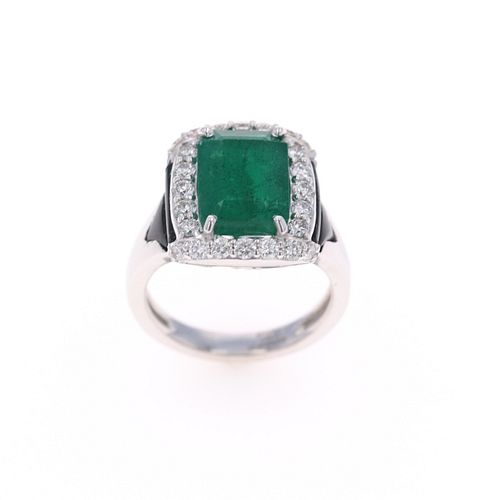 4.13ct Emerald Diamond & Onyx Platinum Ring