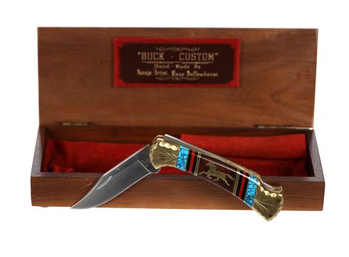 Navajo David Yellowhorse Buck Inlaid Knife in Box