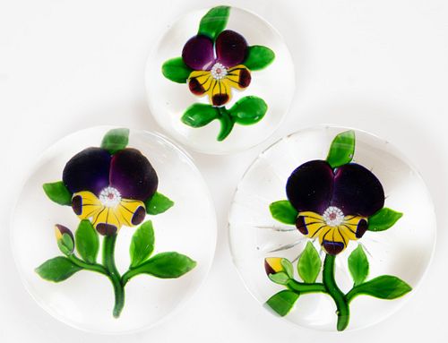 ANTIQUE BACCARAT PANSY LAMPWORK ART GLASS PAPERWEIGHTS, LOT OF THREE