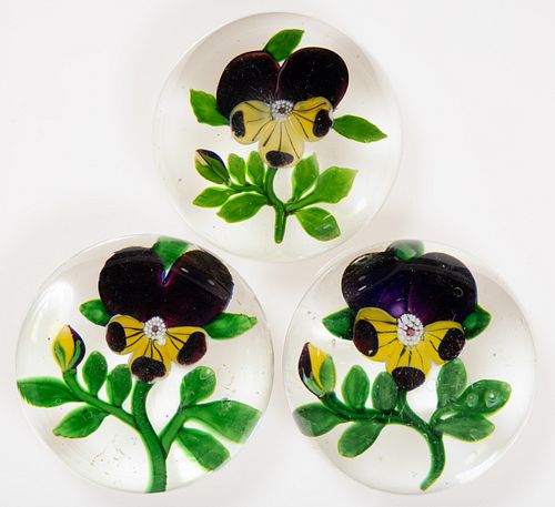 BACCARAT PANSY LAMPWORK ART GLASS PAPERWEIGHTS, LOT OF THREE