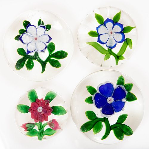 ANTIQUE BACCARAT FLORAL LAMPWORK ART GLASS PAPERWEIGHTS, LOT OF FOUR