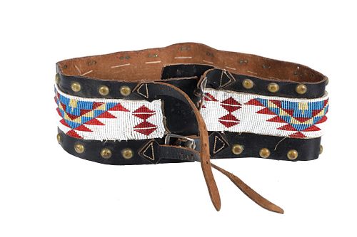 Lakota Sioux Beaded Harness Leather Belt c. 1950's