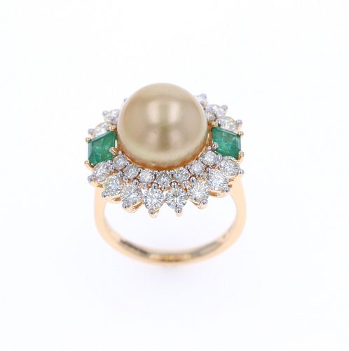 South Sea Pearl Diamond & Emerald 18k Gold Ring