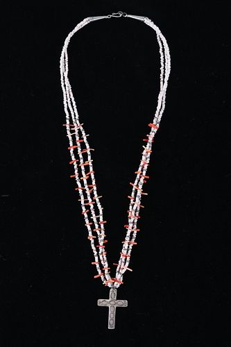 Navajo Heishi & Red Branch Coral Cross Necklace