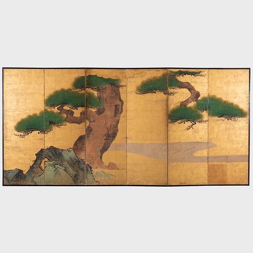 Kano School: Six Panel Screen Decorated with Pine Trees in Landscape