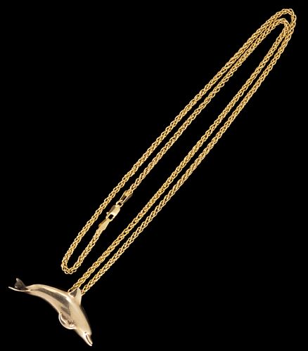 VINTAGE PETER JOHNSTON (AMERICAN-BORN BAHAMIAN) 14K YELLOW GOLD FIGURAL DOLPHIN PENDANT WITH ITALIAN 14K GOLD CHAIN