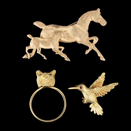 VINTAGE 14K AND 18K YELLOW GOLD FIGURAL ANIMAL JEWELRY, LOT OF THREE