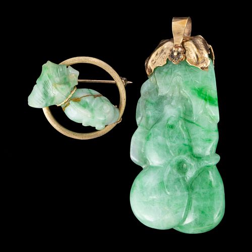 VINTAGE 14K YELLOW GOLD AND CARVED JADE / JADEITE JEWELRY, LOT OF TWO