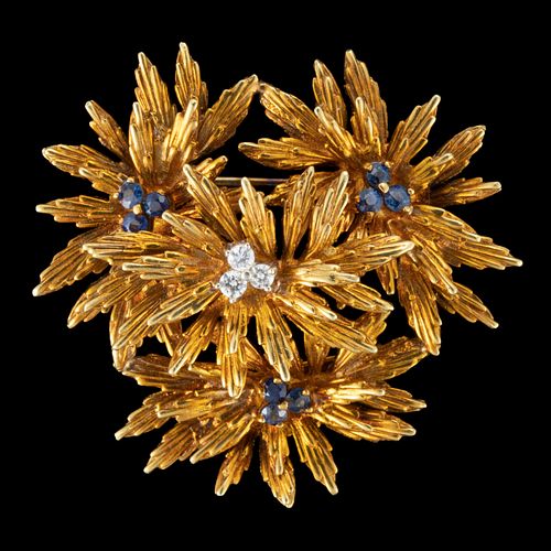 VINTAGE TIFFANY & CO. 18K YELLOW GOLD, DIAMOND, AND SAPPHIRE FIGURAL BROOCH