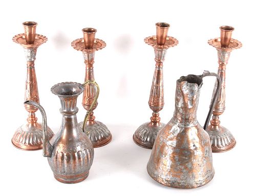 Antique Middle Eastern Pitchers & Candle Sticks
