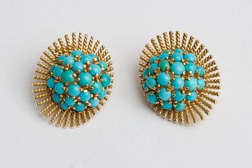Pair of 14K Gold and Turquoise Earclips