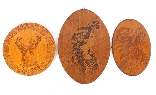 Three Pyrography Wood Placards Circa 1900-1920s
