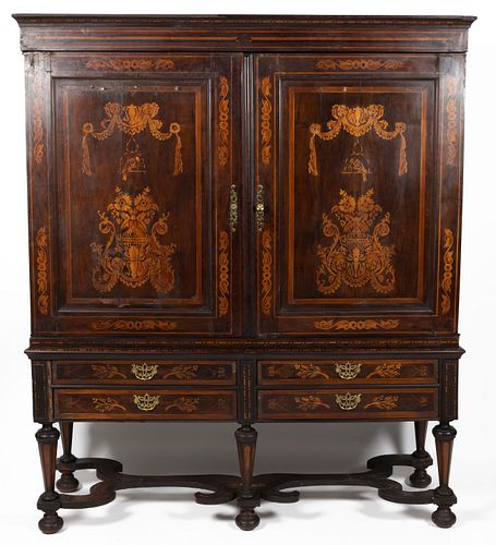 BRITISH OR CONTINENTAL WALNUT MARQUETRY INLAID CHEST-ON-STAND