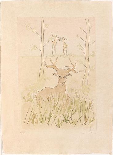 Salvador Dali (Spanish, 1904-1989) Etching With Pochoir On Japon Nacre, Le Cerf Malade, From Le Bestiaire De La Fontaine