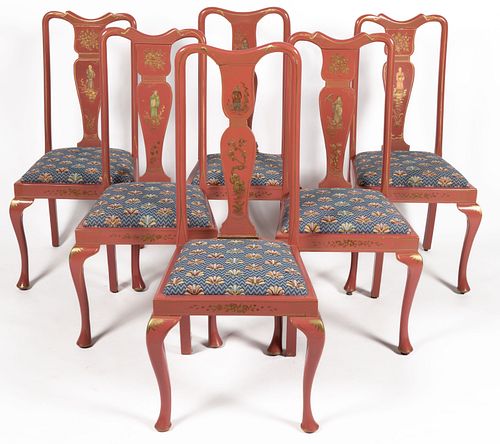 QUEEN ANNE-STYLE CHINOISERIE-PAINTED SIDE CHAIRS, SET OF SIX