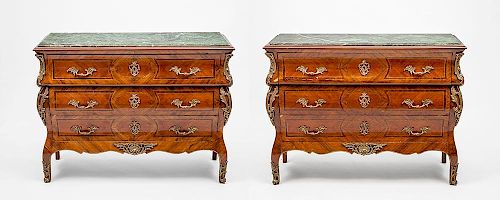 Pair of Louis XV Style Gilt-Bronze-Mounted Kingwood and Mahogany Parquetry Commodes, 20th Century