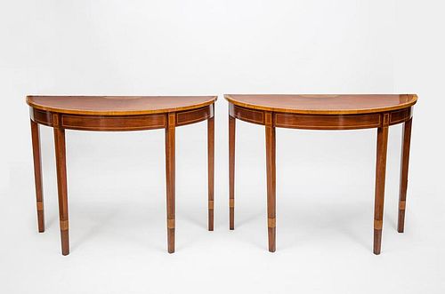 Pair of George III Style Inlaid Mahogany Demilune Tables