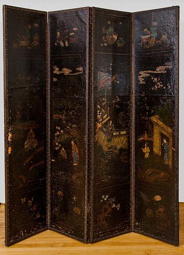 Dutch Brass-Mounted Four-Panel Painted Leather Screen