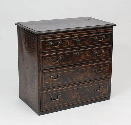Queen Anne Style Black Lacquer Chinoiserie Chest of Drawers