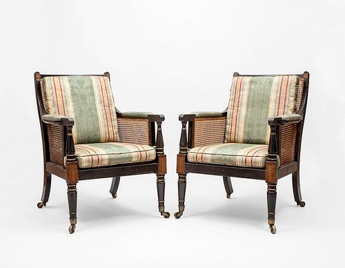 Pair of Regency Style Ebonized and Caned Armchairs
