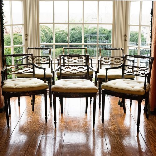 Set of Six George III Ebonized, Parcel-Gilt, and Caned Armchairs