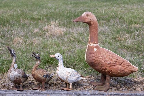 VINTAGE CAST-IRON FIGURAL GARDEN GEESE, LOT OF FOUR
