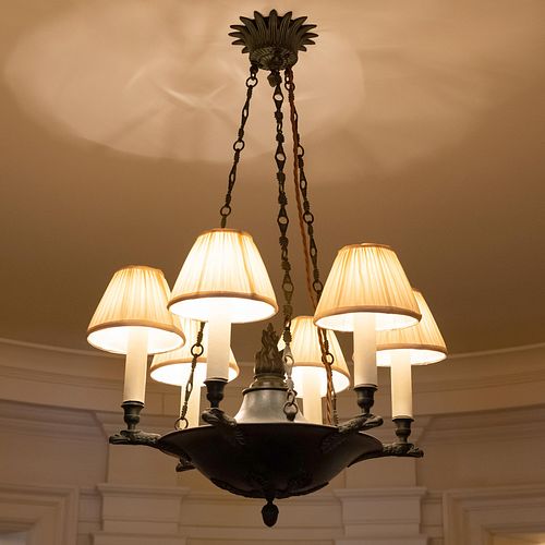 Empire Style Patinated Metal Six-Light Chandelier