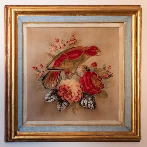 Victorian Needlework and Beaded Still Life with Parrot