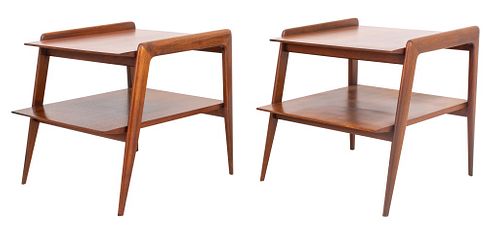 Pair of Gio Ponti (Italian, 1891-1979) for M. Singer & Sons end tables, model number 2166, circa 1960s, each in walnut with two tiers, with square top