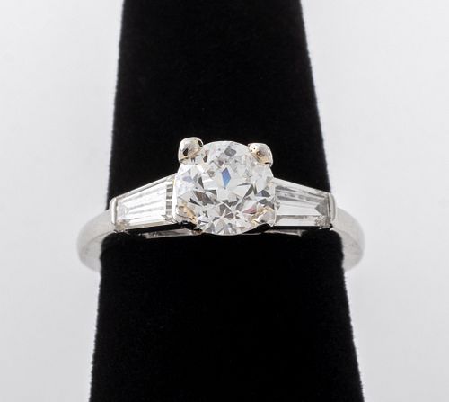 900 platinum diamond D color, VVS2, engagement ring with GIA report; brightly polished, featuring a centered prong set round brilliant cut diamond, 0.