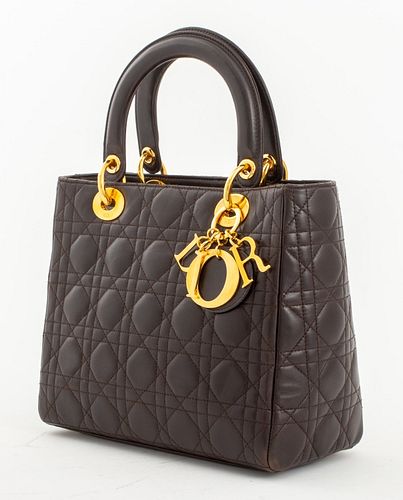 Christian Dior Lady Dior Cannage purse handbag in dark chocolate brown leather, with gold-tone metal hardware and "D-I-O-R" charm, two top handles and