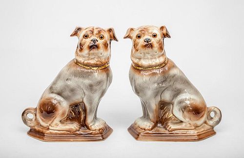Pair of Modern Staffordshire Pottery Figures of Seated Pug Dogs