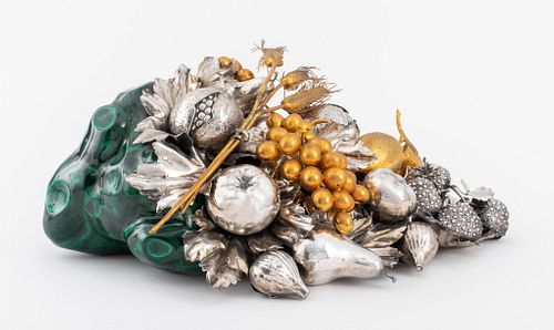 Gianmaria Buccellati (Italian, 1929-2015) silver and malachite centerpiece, in the form of a cornucopia issuing harvest fruits, the whole with leaves,