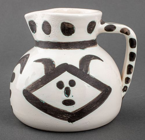 Pablo Picasso (Spanish, 1881-1973) "Tete de Faune" [Fawn's Head] Art Pottery ceramic handled pitcher jug with unglazed black geometric and figural des