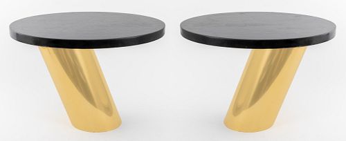 Pair of Karl Springer (German/American, 1931-1991) Postmodern brass and leather top cantilever end tables, both signed underneath "Karl Springer 1990"