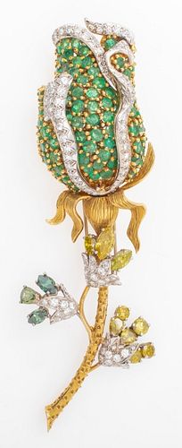 Handcrafted 18K yellow gold, emerald, diamond floral brooch or pin, hand fabricated with brightly polished and engraved finish, featuring 87 prong set