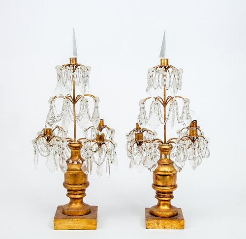 Pair of Baroque Style Carved Giltwood and Cut-Glass Four-Light Candelabra