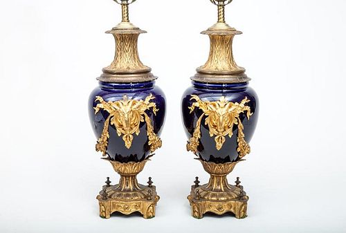 Pair of Continental Ormolu-Mounted Blue Glass Lamps