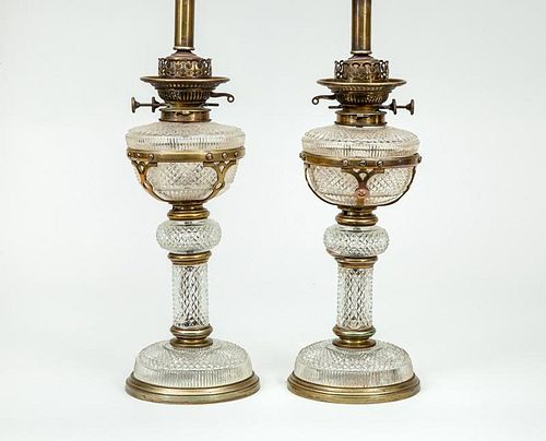 Pair of Gilt-Metal-Mounted Cut-Glass Oil Lamps