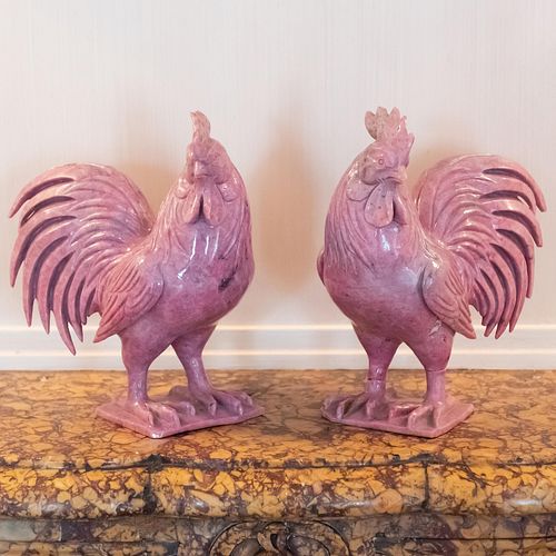 Pair of Chinese Pink Hardstone Models of Cockerels