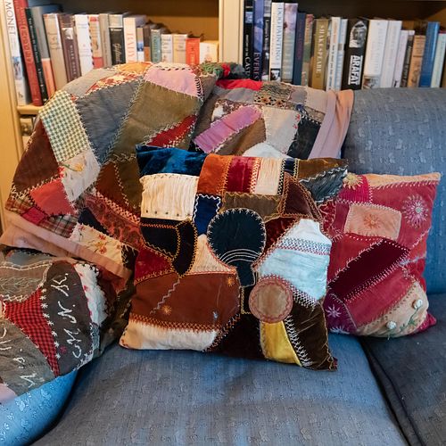 American Crazy Quilt, dated 1903 with various initials, together with Two Crazy Pillows
