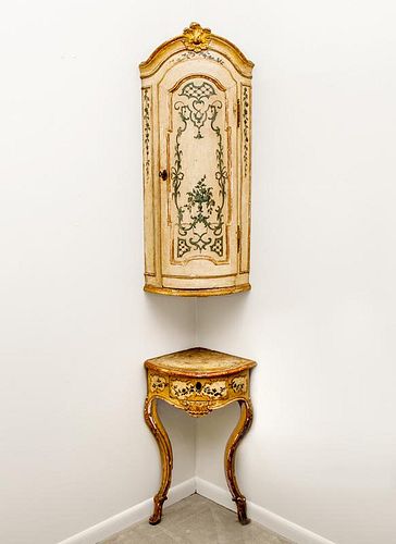 Italian Painted and Parcel-Gilt Corner Cabinet and Corner Console