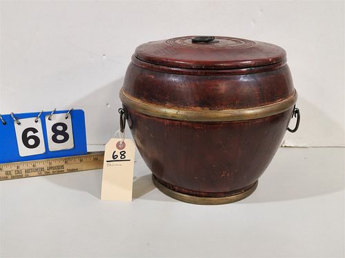 WOODEN COVERED CHINESE BX W/BRASS BAND 9"H X 11"DIAM