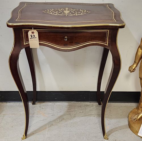 VICT ROSEWOOD GILT TOP 1 DRAWER SEWING STAND W/ELABORATE BRASS INLAY 30-1/2"H X 23"W X 16"D