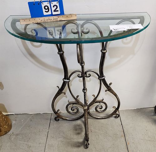 WROUGHT STEEL BASE GLASS TOP DEMI LUNE STAND MADE BY ARROWSMITH FORGE FOR PIERRE DEUX 34"H X 30"W X 15-5/8"D "