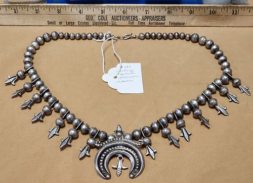 VINTAGE SILVER SQUASH BLOSSOM NECKLACE 24" 3.49 OZT - ATTRIBUTED TO ETSITY T SOSIE / MAKER