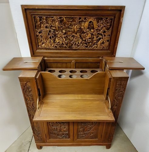 CHINESE LIFT TOP FALL FRONT, 4 DOOR CARVED BAR CABINET 41"H X 36"W X 18"D